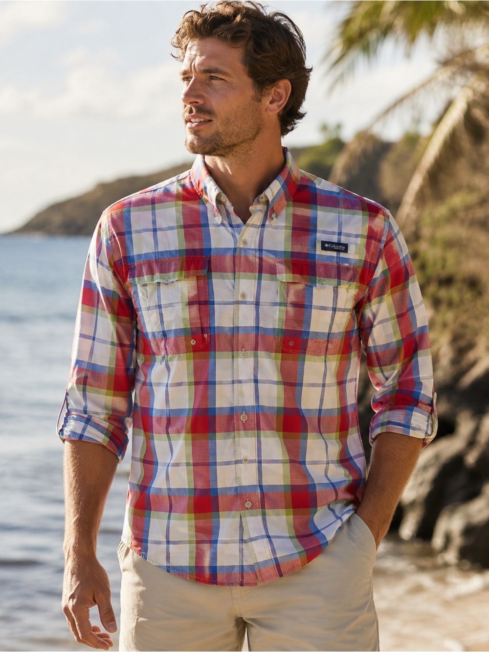 Columbia PFG Super Bahama Mens Medium Plaid Fishing Shirt Long Sleeve Outdoor